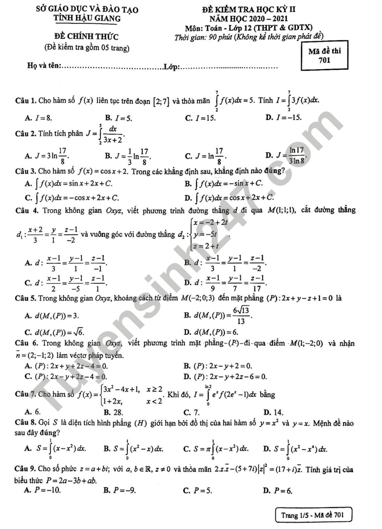 Đề thi học kì 2 tỉnh Hậu Giang năm 2021 môn Toán lớp 12