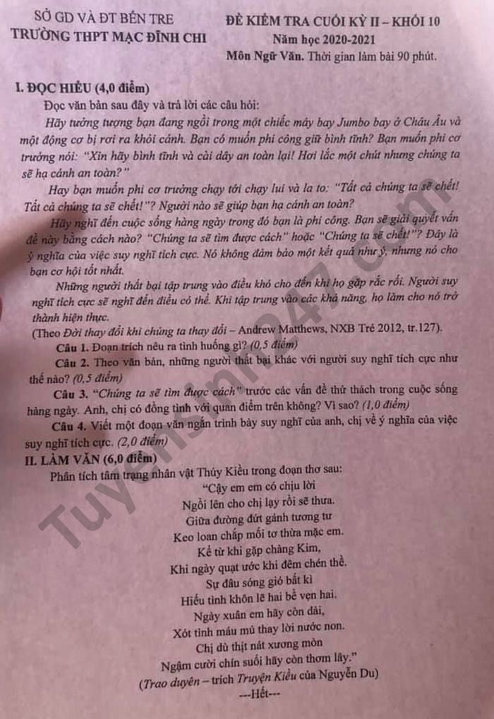 Đề thi học kì 2 môn Văn lớp 10 THPT Mạc Đĩnh Chi năm 2021