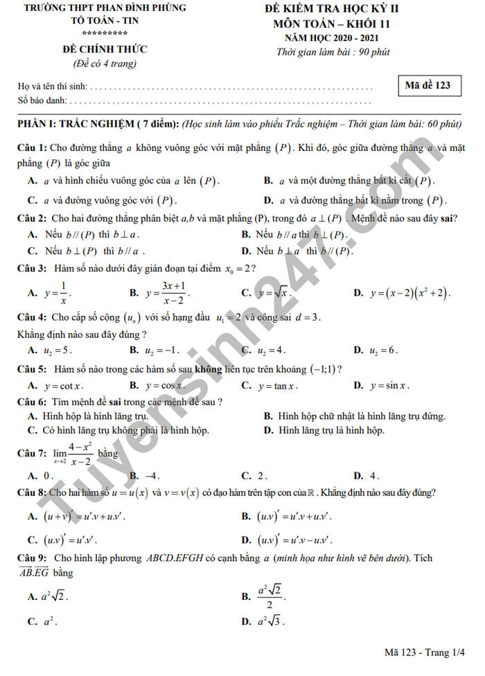 Đề kiểm tra học kì 2 THPT Phan Đình Phùng năm 2021 - Toán lớp 11 