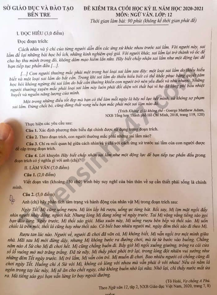 Đề thi học kì 2 lớp 12 môn Văn năm 2021 tỉnh Bến Tre