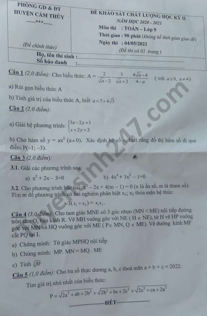 Đề thi học kì 2 Huyện Cẩm Thủy năm 2021 môn Toán lớp 9 