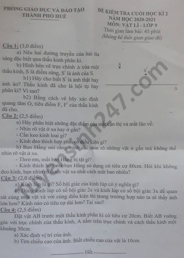 Đề thi học kì 2 Phòng GD Thành phố Huế năm 2021 môn Lý lớp 9