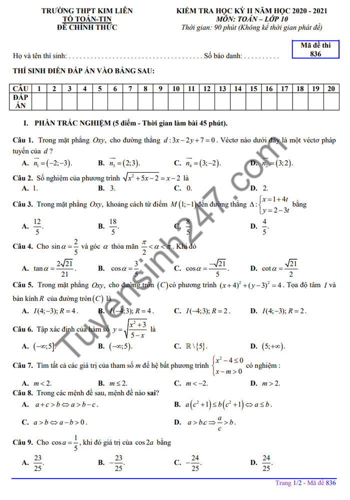 Đề thi học kì 2 môn Toán lớp 10 THPT Kim Liên năm 2021 
