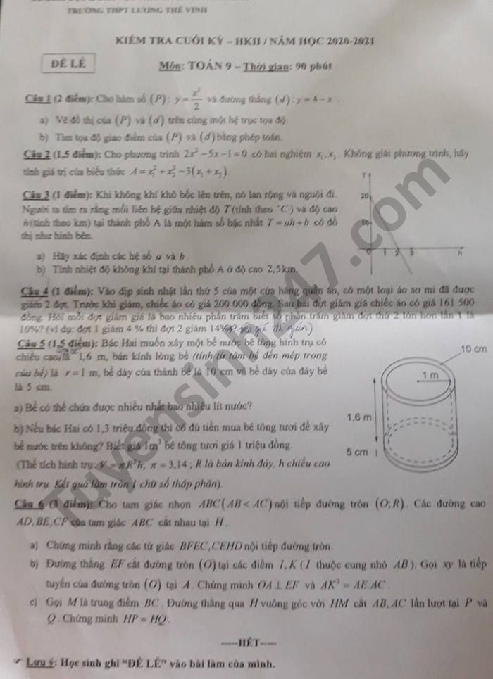 Đề thi học kì 2 THPT Lương Thế Vinh môn Toán lớp 9 năm 2021 