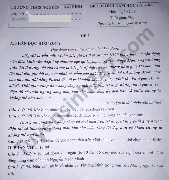 Đề thi học kì 2 THCS Nguyễn Thái Bình năm 2021 môn Văn lớp 9