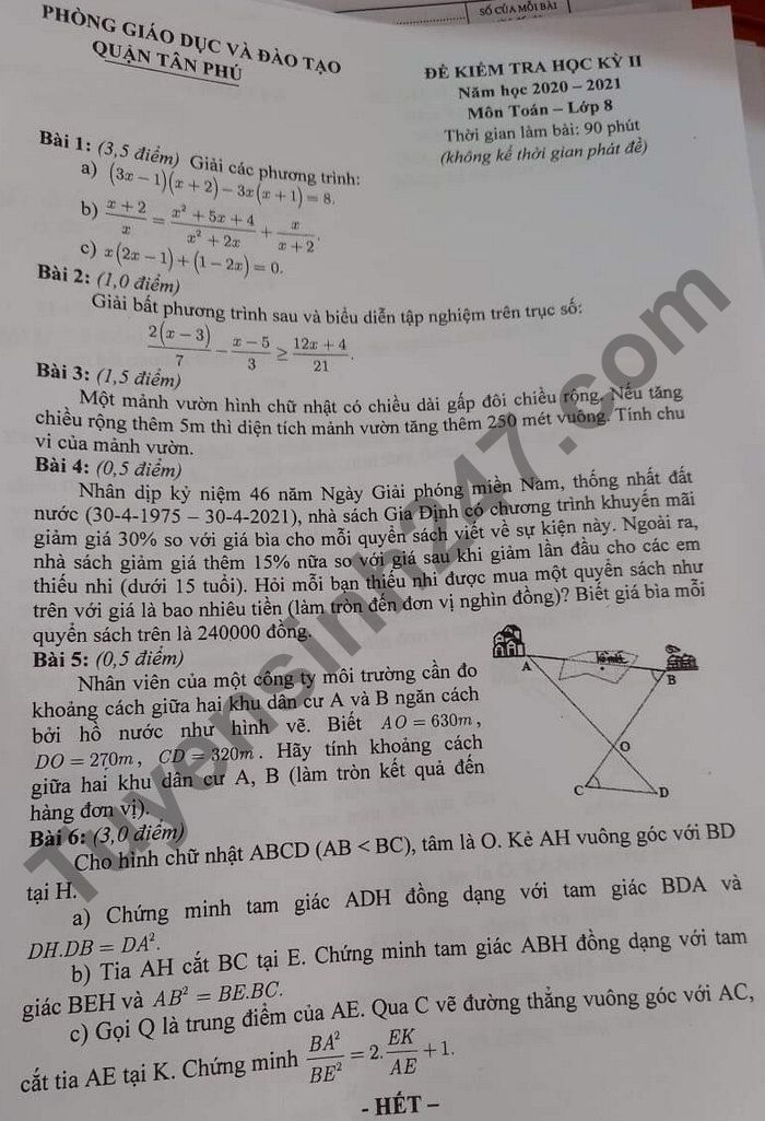 Đề thi kì 2 môn Toán lớp 8 - Quận Tân Phú 2021