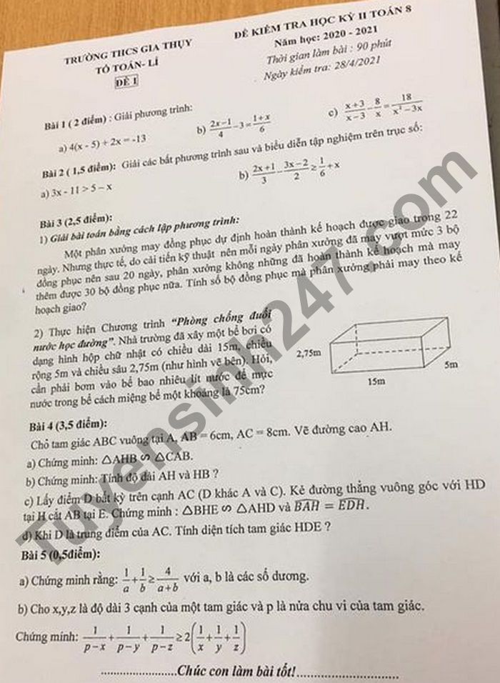 Đề thi học kì 2 lớp 8 môn Toán 2021 - THCS Gia Thụy