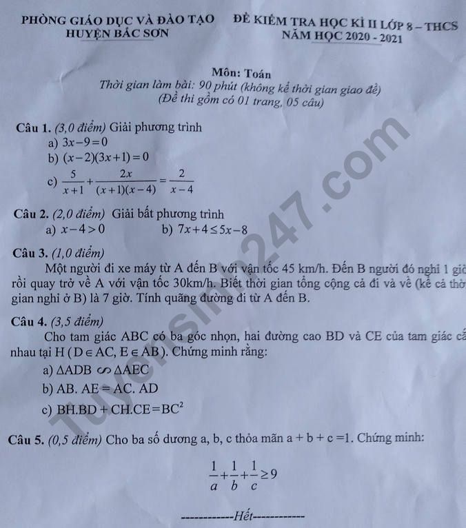 Đề thi kì 2 môn Toán lớp 8 năm 2021 - Phòng GD Bắc Sơn