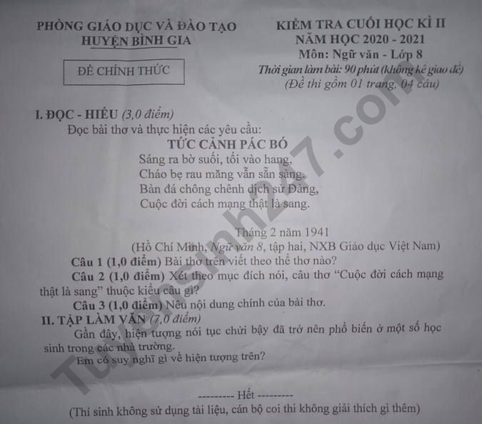 Đề thi kì 2 môn Văn lớp 8 - Phòng GD Bình Gia 2021