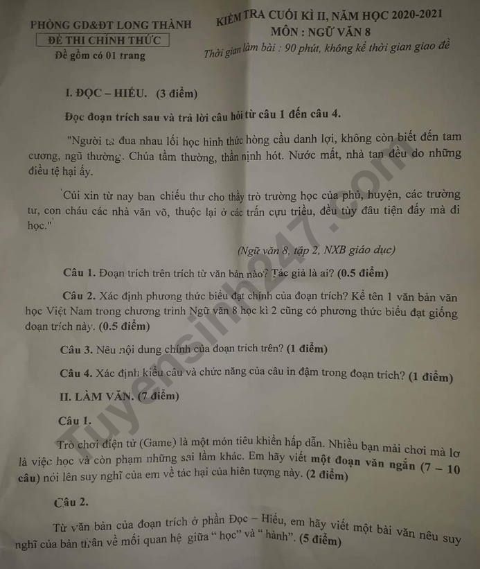 Đề thi kì 2 môn Văn lớp 8 năm 2021 - Phòng GD Long Thành
