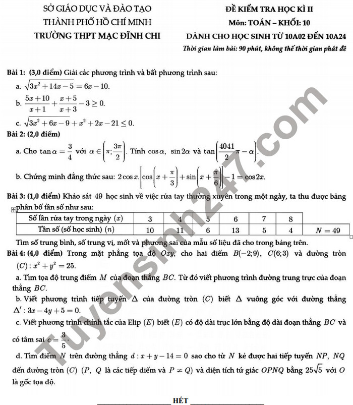 Đề thi kì 2 lớp 10 môn Toán 2021 - THPT Mạc Đĩnh Chi