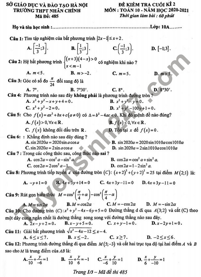 Đề thi học kì 2 lớp 10 môn Toán 2021 - THPT Nhân Chính