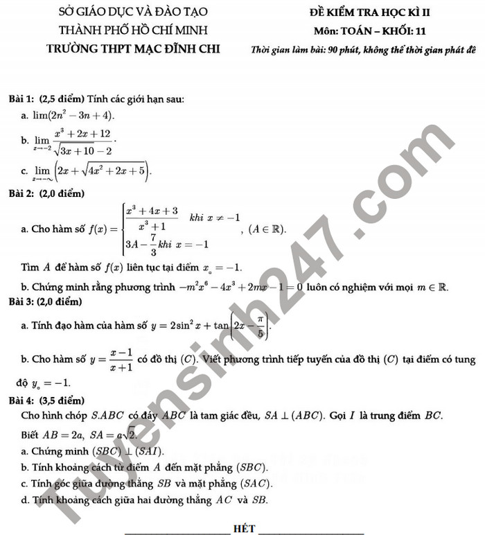 Đề thi kì 2 Toán lớp 11 - THPT Mạc Đĩnh Chi 2021