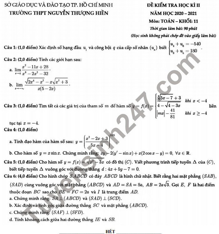 Đề thi cuối kì 2 môn Toán lớp 11- THPT Nguyễn Thượng Hiền 2021