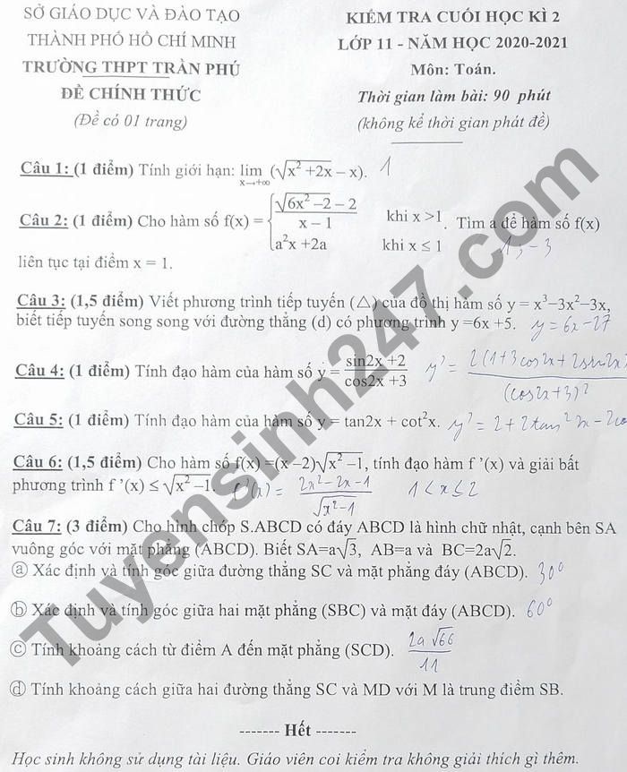 Đề thi học kì 2 môn Toán lớp 11 - THPT Trần Phú 2021