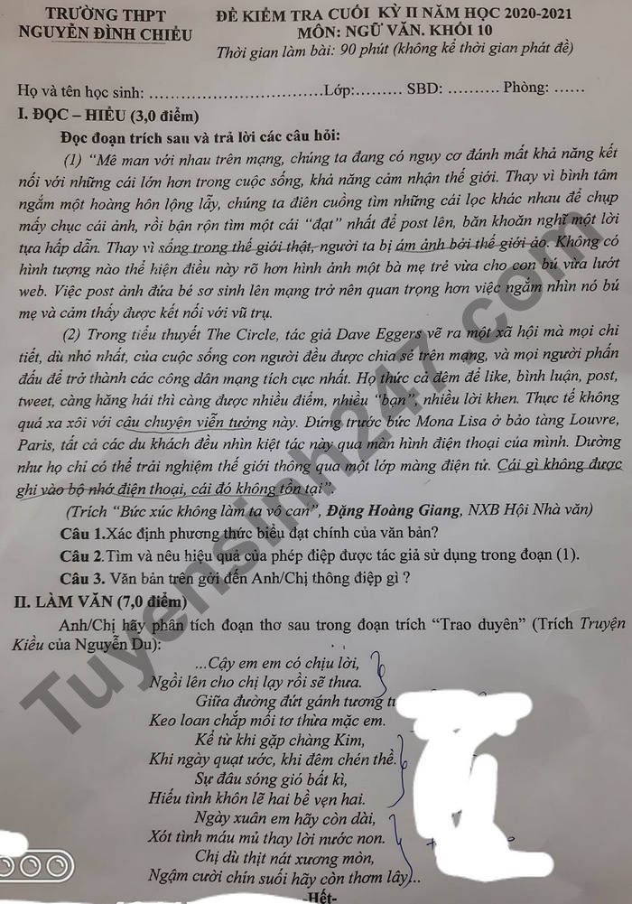Đề thi cuối kì 2 lớp 10 môn Văn 2021 - THPT Nguyễn Đình Chiểu