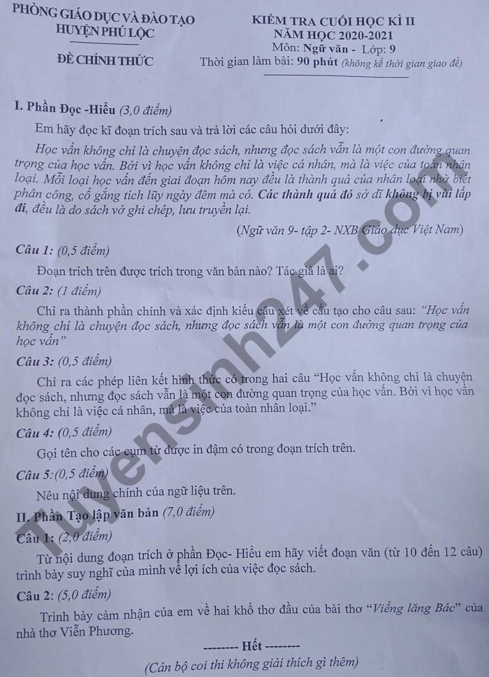 Đề thi học kì 2 lớp 9 môn Văn 2021 - Huyện Phú Lộc