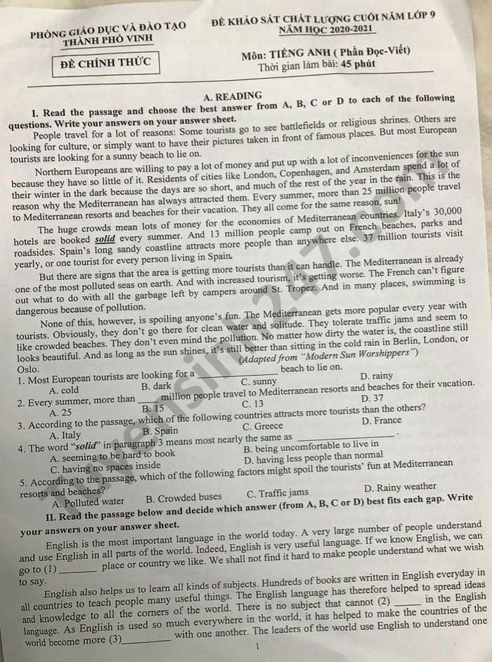 Đề thi học kì 2 môn Anh lớp 9 Phòng GD TP Vinh năm 2021