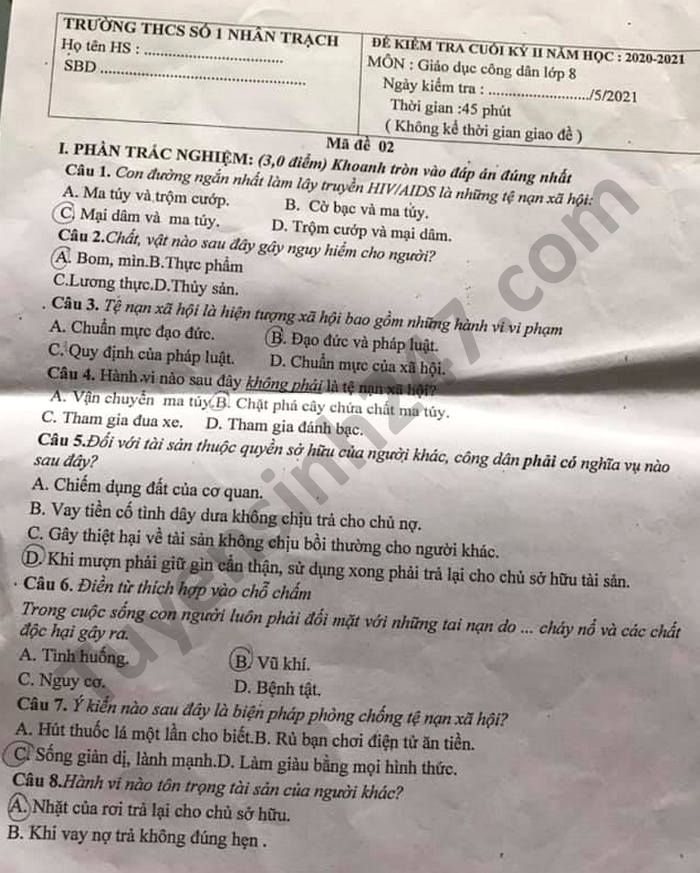 Đề thi học kì 2 môn GDCD lớp 8 năm 2021 THCS Số 1 Nhân Trạch 