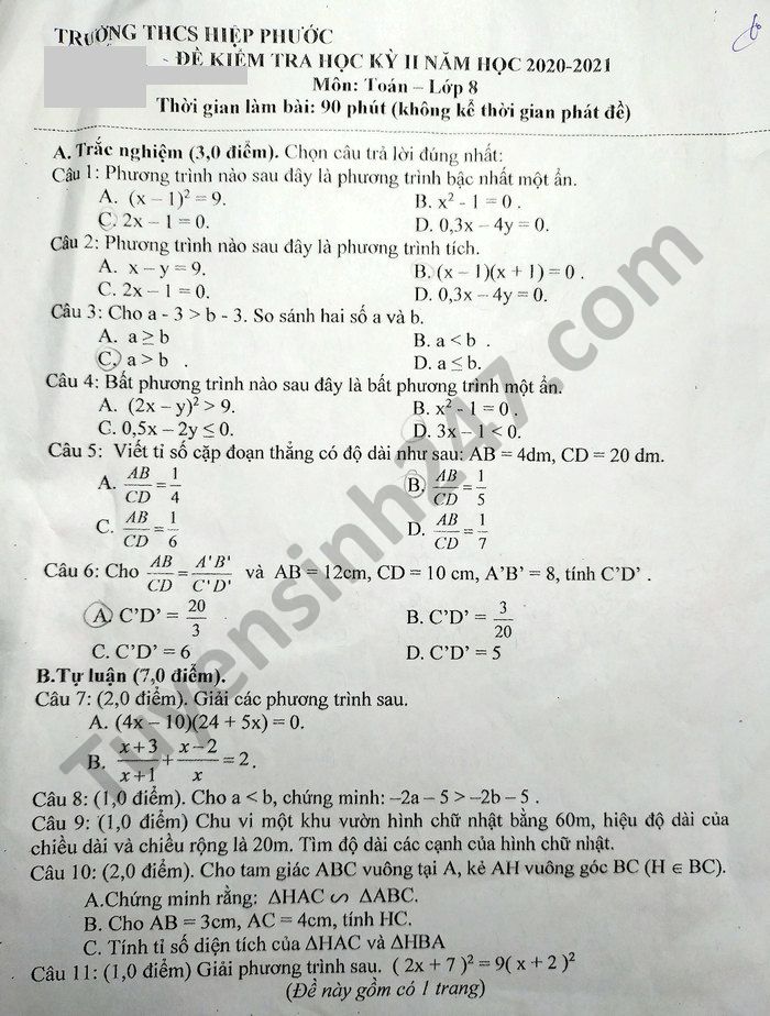 Đề thi học kì 2 THCS Hiệp Phước năm 2021 môn Toán lớp 8