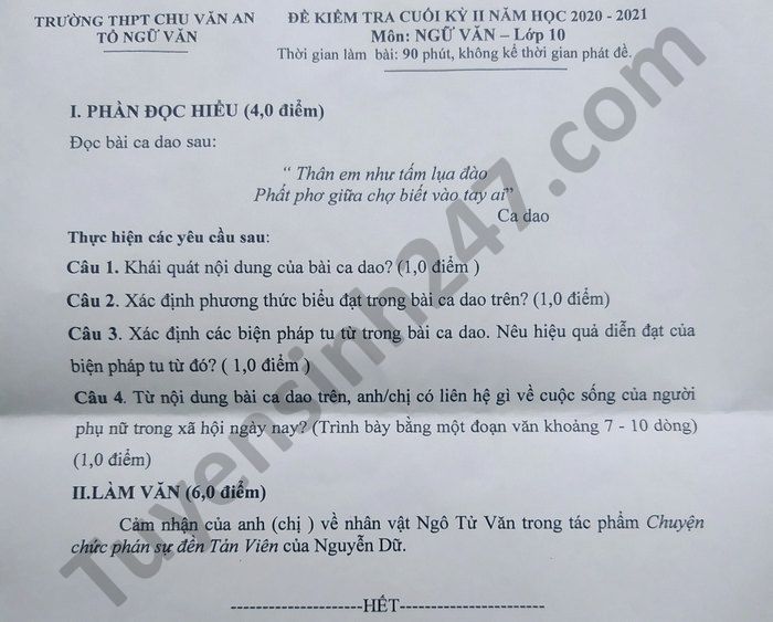 Đề thi học kì 2 lớp 10 môn Văn năm 2021 THPT Chu Văn An