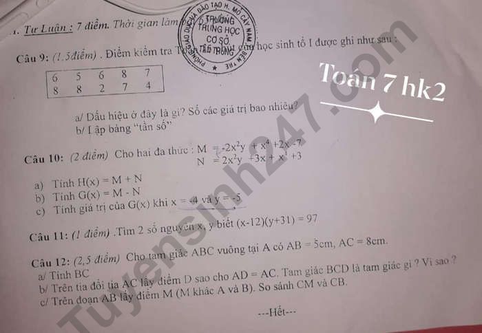 Đề thi kì 2 môn Toán lớp 7 - THCS Tân Trung 2021