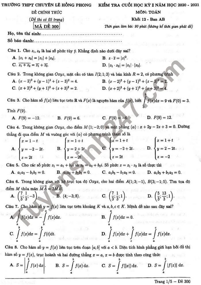 Đề thi kì 2 môn Toán lớp 12 năm 2021 - THPT Chuyên Lê Hồng Phong