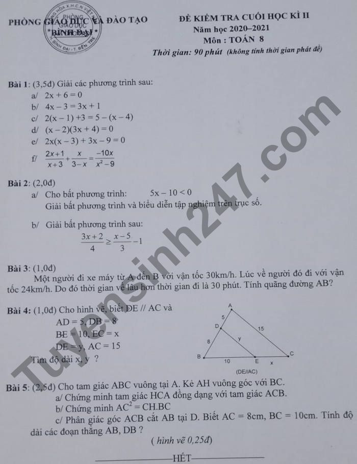 Đề thi kì 2 năm 2021 Phòng GD Bình Đại lớp 8 môn Toán