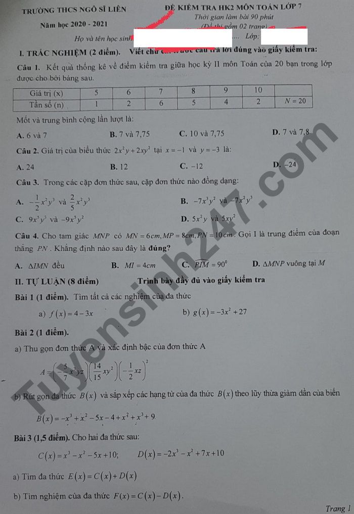Đề thi học kì 2 lớp 7 môn Toán 2021 - THCS Ngô Sĩ Liên