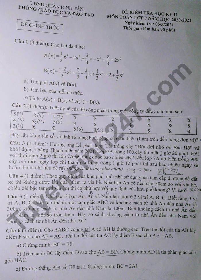 Đề thi học kì 2 môn Toán lớp 7 - Quận Bình Tân 2021