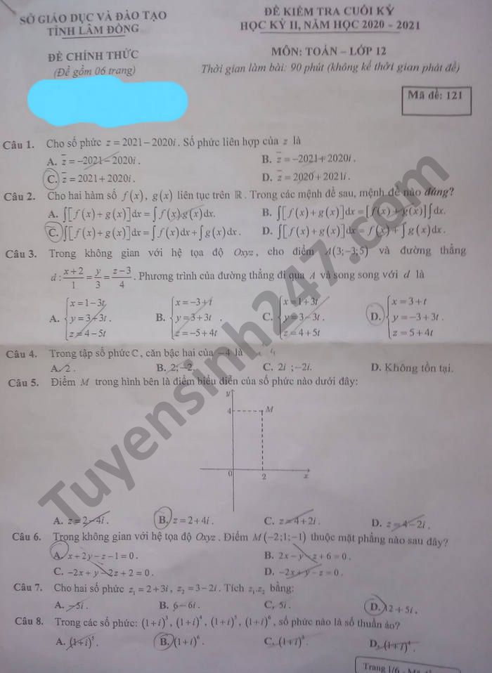 Đề thi học kì 2 lớp 12 năm 2021 môn Toán tỉnh Lâm Đồng