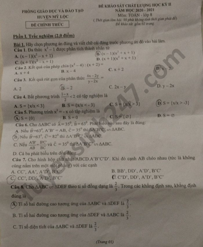 Đề thi học kì 2 môn Toán lớp 8 huyện Mỹ Lộc năm 2021