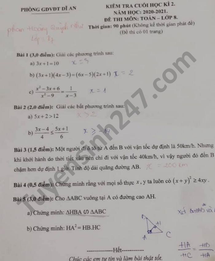 Đề thi học kì 2 Phòng GD Dĩ An năm 2021 môn Toán lớp 8 