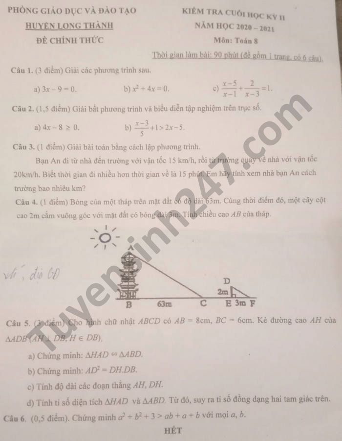 Đề thi học kì 2 Huyện Long Thành năm 2021 môn Toán lớp 8