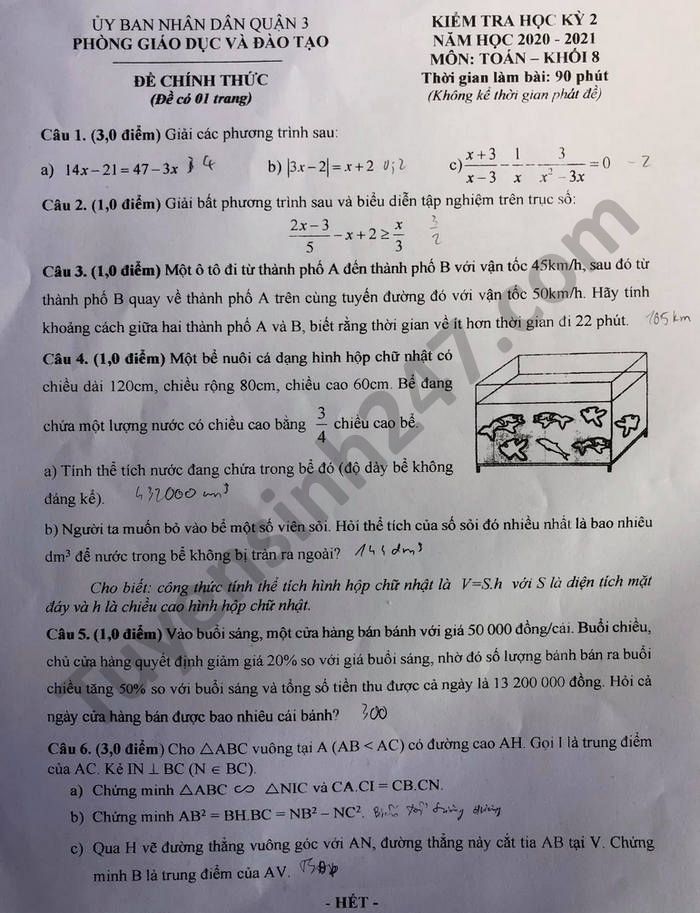 Đề thi học kì 2 năm 2021 Phòng GD Quận 3 môn Toán lớp 8