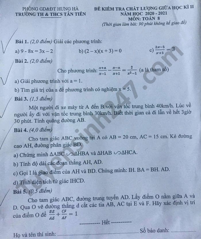 Đề thi học kì 2 TH-THCS Tân Tiến năm 2021 môn Toán lớp 8