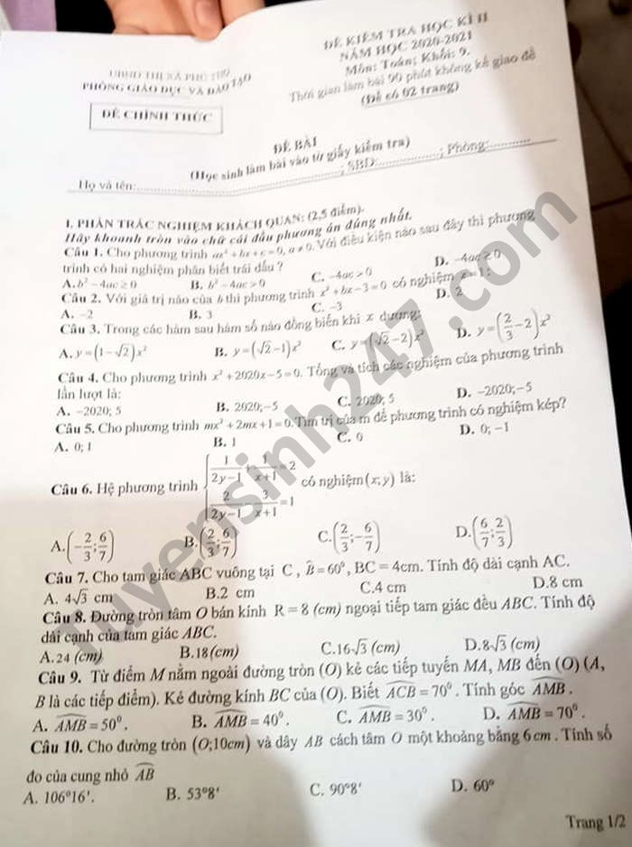 Đề thi học kì 2 môn Toán lớp 9 năm 2021 Phòng GD TX Phú Thọ