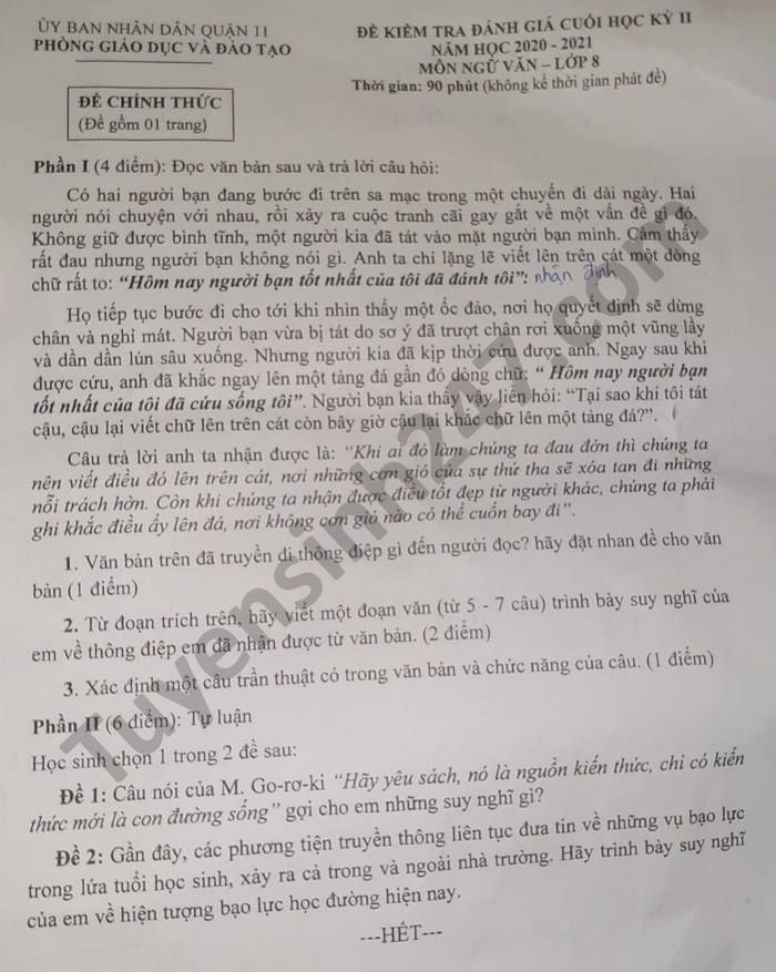 Đề thi học kì 2 lớp 8 môn Văn năm 2021 Phòng GD Quận 11