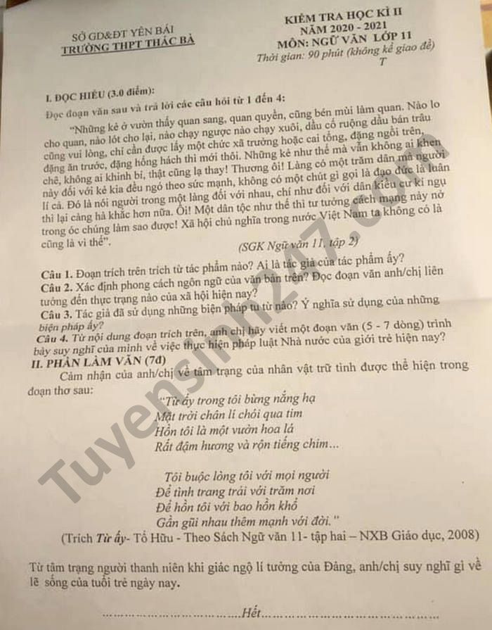 Đề thi học kì 2 THPT Thác Bà lớp 11 môn Văn năm 2021
