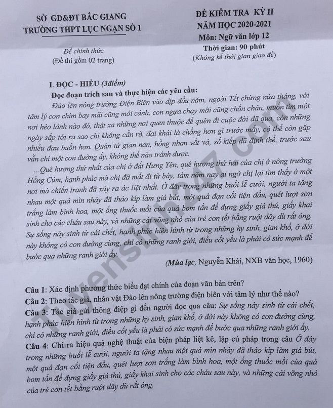 Đề thi kì 2 lớp 12 môn Văn 2021 - THPT Lục Ngạn số 1