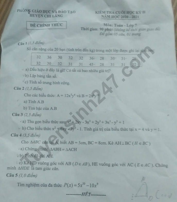 Đề thi kì 2 lớp 7 môn Toán năm 2021 - Phòng GD Chi Lăng