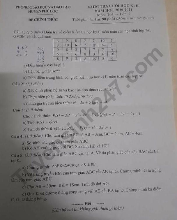 Đề thi kì 2 môn Toán lớp 7 năm 2021 - Phòng GD Phú Lộc