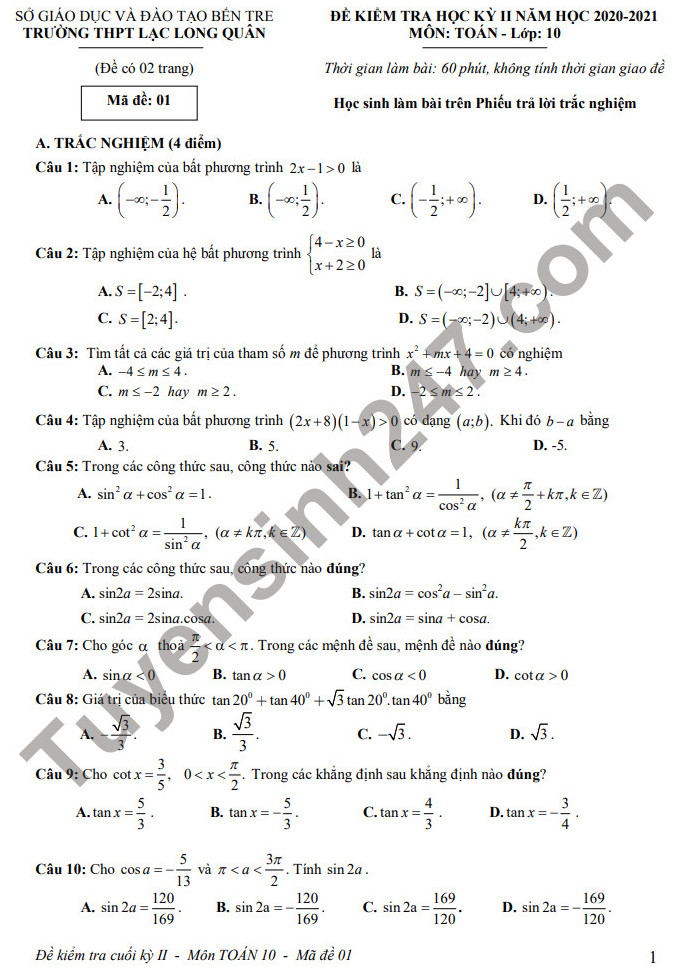 Đề thi kì 2 lớp 10 môn Toán 2021 - THPT Lạc Long Quân (Có đáp án)