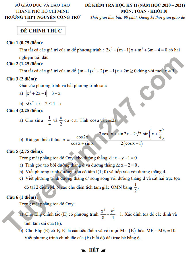 Đề thi học kì 2 môn Toán lớp 10 - THPT Nguyễn Công Trứ 2021