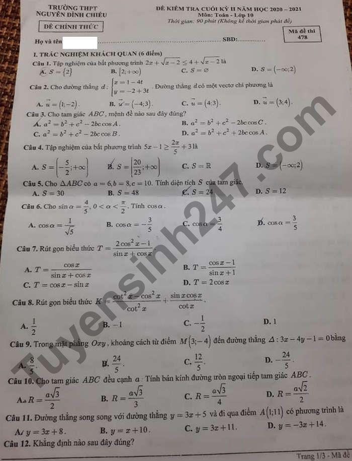 Đề thi học kì 2 lớp 10 môn Toán 2021 - THPT Nguyễn Đình Chiểu