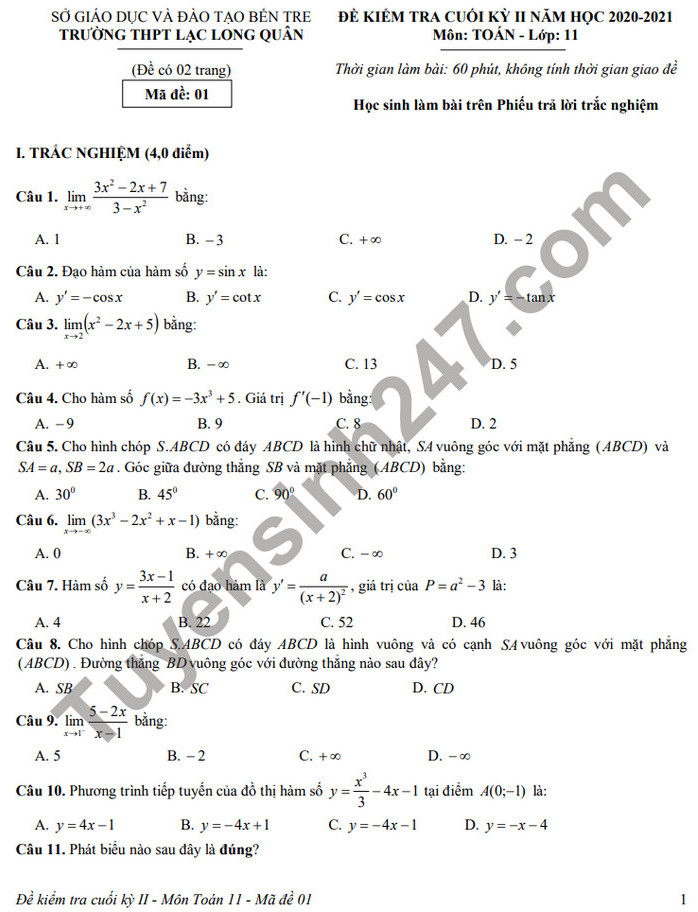 Đề thi học kì 2 lớp 11 môn Toán 2021 - THPT Lạc Long Quân (Có đáp án)