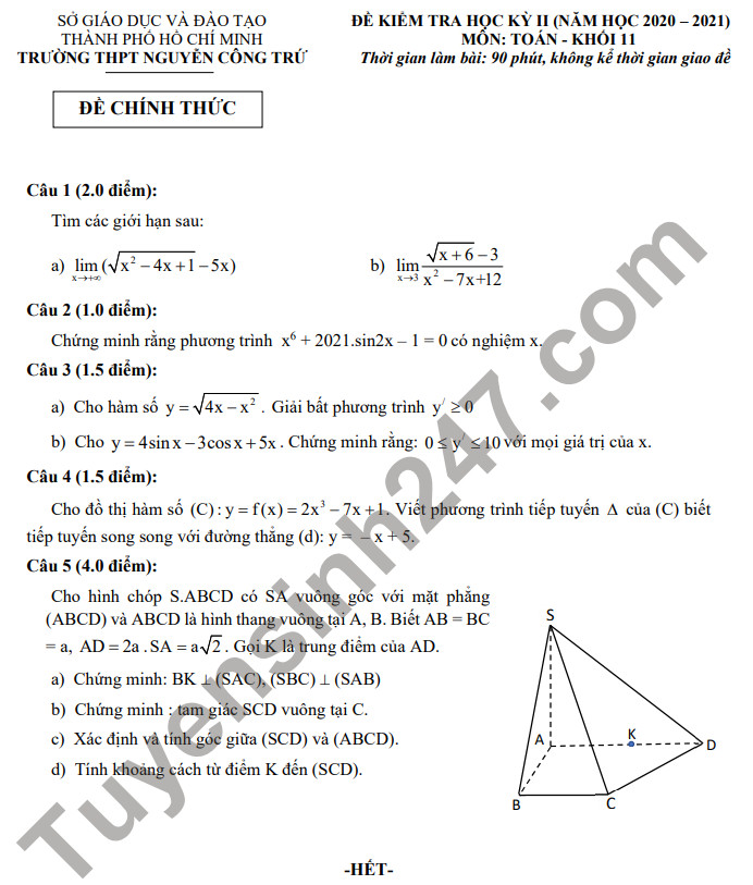 Đề thi học kì 2 môn Toán lớp 11 - THPT Nguyễn Công Trứ 2021