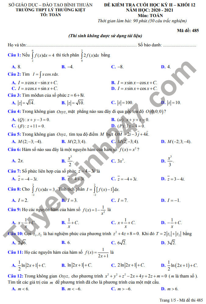 Đề thi kì 2 môn Toán lớp 12 - THPT Lý Thường Kiệt 2021