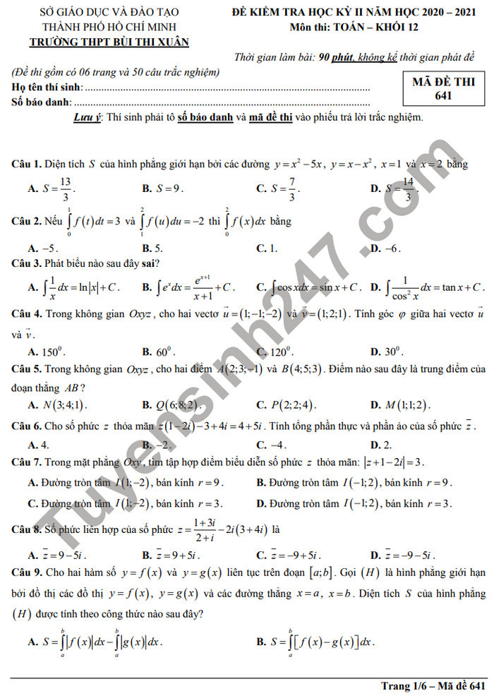 Đề thi học kì 2 lớp 12 môn Toán 2021 - THPT Bùi Thị Xuân
