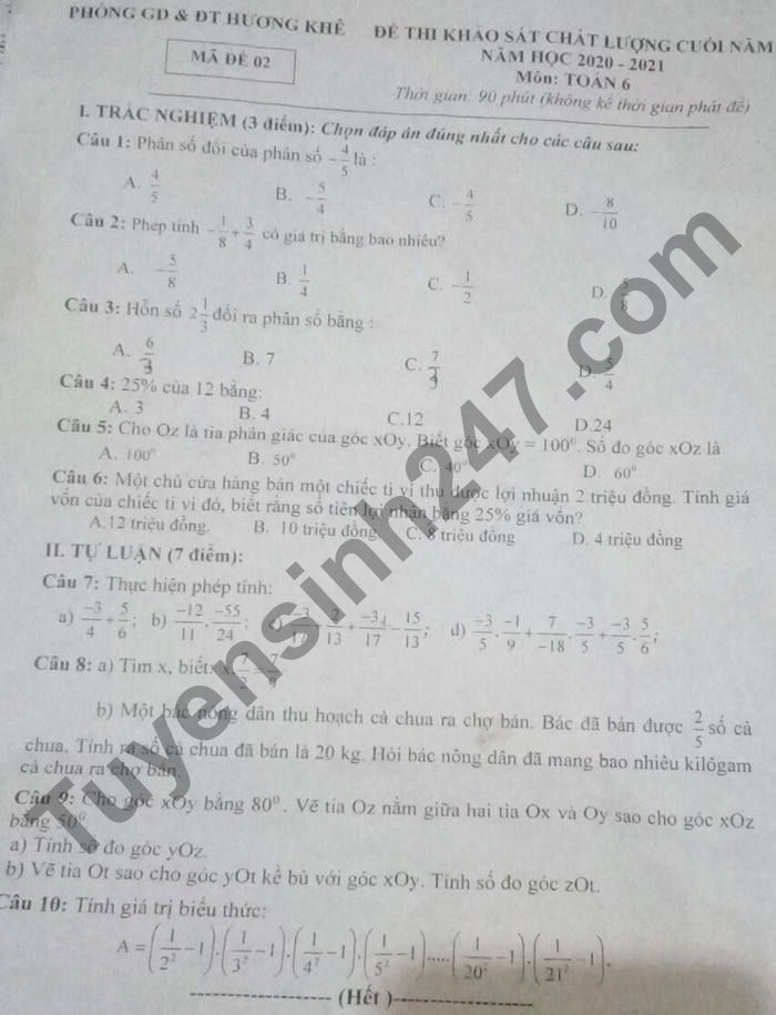 Đề thi kì 2 lớp 6 môn Toán 2021 - Phòng GD Hương Khê